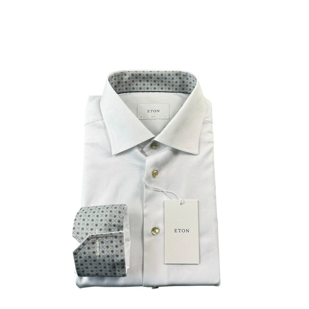 ETON Current White Gray Geometric Flip Cuff Men's L/S Button‎ Front Slim 17 NWT